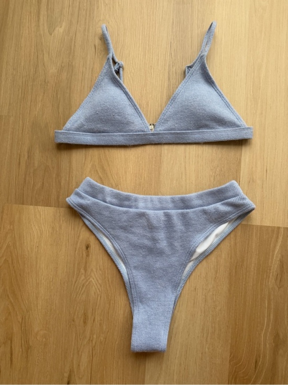 Light Blue Knit Textured Bikini Set Size Large High Cut Swimwear
